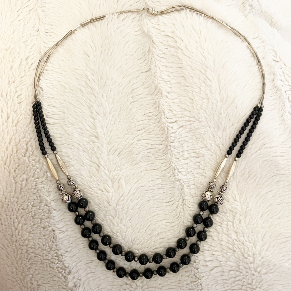 Sterling Silver and Black Beaded Western Style Necklace